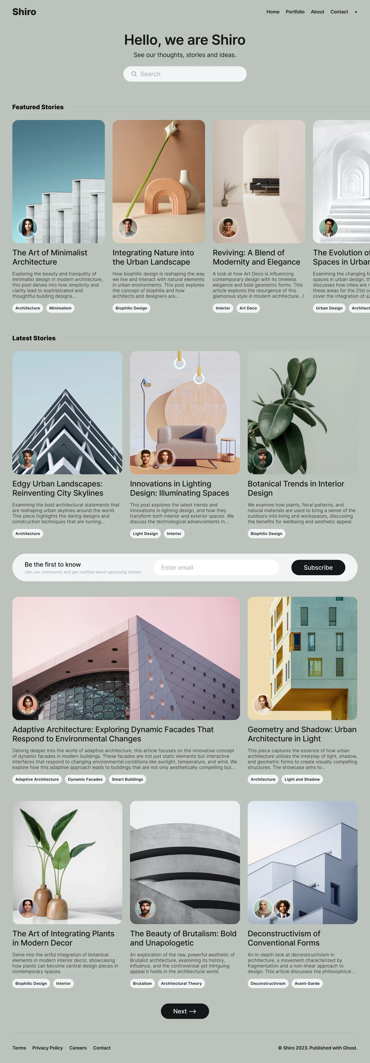 Shiro Ghost theme Botanist color scheme showing green nature-inspired homepage design